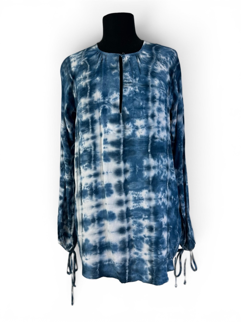 Tina Jo Blue Tie Dye Rayon Tunic Blouse XS Boho Long Sleeve Keyhole Top
